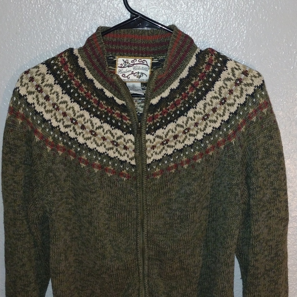 Olive Green Vintage Cotton Blend Heirloom Collectibles Zip up Cardigan Sweater S - Picture 2 of 5